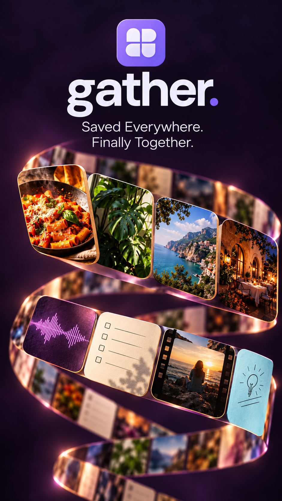 Gather app logo with the line “Saved Everywhere. Finally Together.” above a ribbon of saved cards