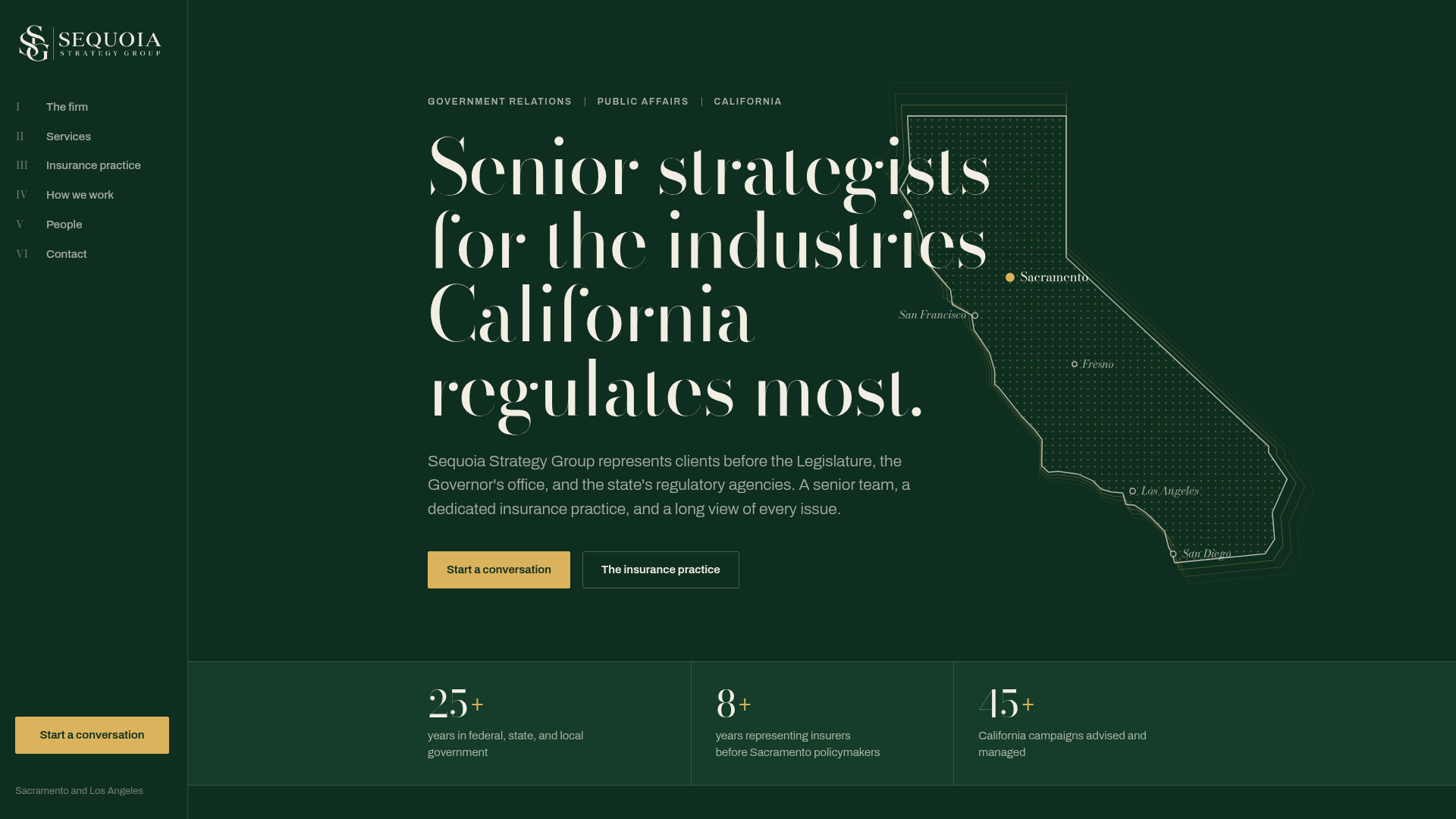 Sequoia Strategy Group homepage with a California map and headline about senior strategists