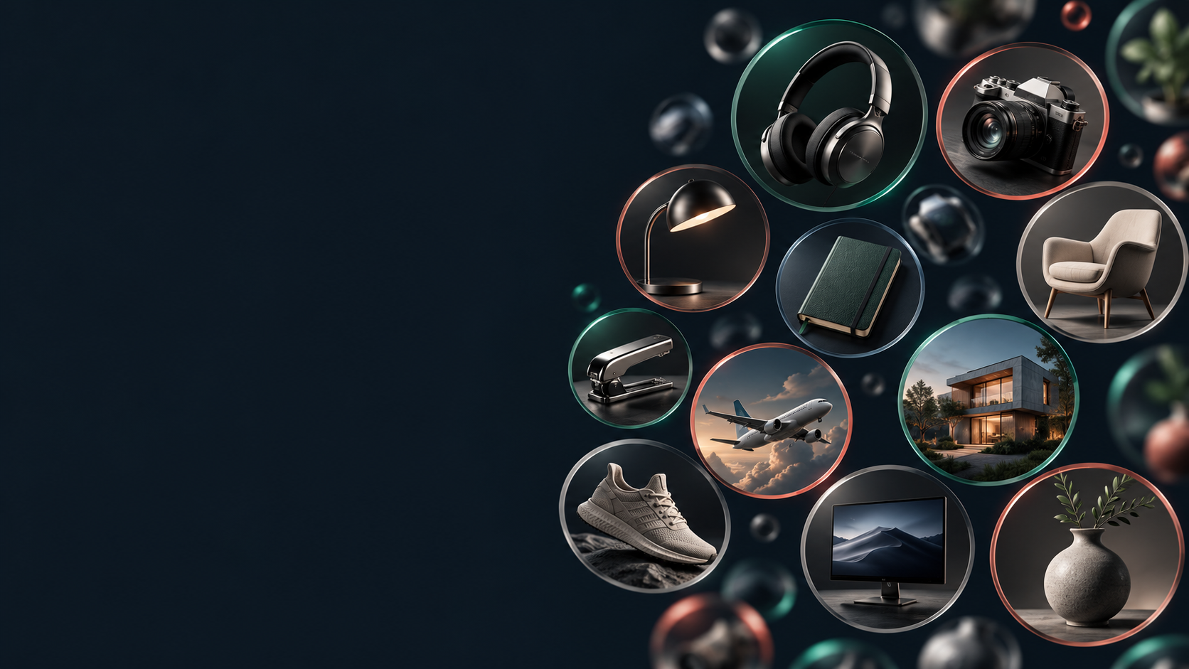 Product bubbles — headphones, camera, chair and more — floating with green and red price rings
